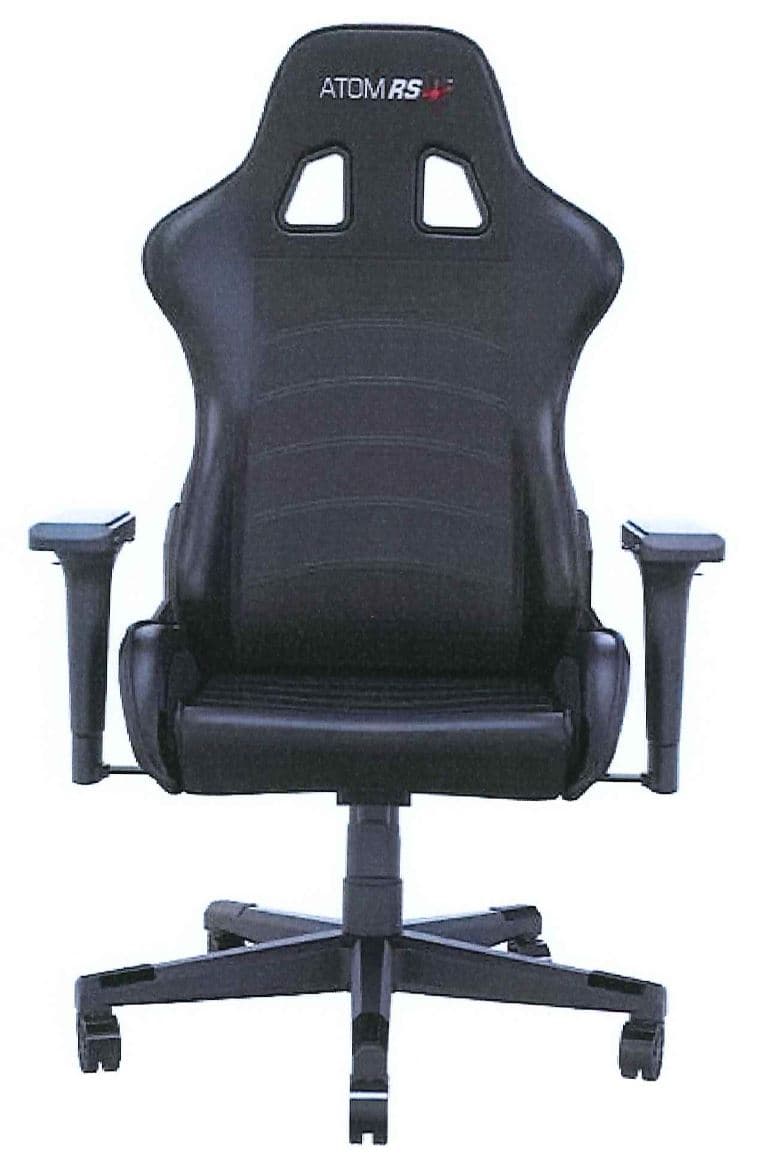 GAMING CHAIR - ATOM RS SWIVEL GAMING CHAIR - BLACK IN COLOUR. DENSELY PADDED COLD CURED FOAM SEAT. UPHOLSTERED IN PU LEATHER. LIGHTWEIGHT NYLON BASE & 60 MM CASTORS. ADJUSTABLE HEIGHT, ARM REST & RECLINING BACK REST.