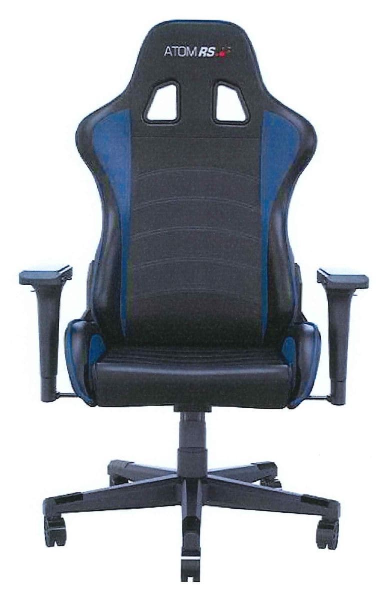 GAMING CHAIR - ATOM RS GAMING CHAIR. BLACK IN COLOUR WITH BLUE TRIM. DENSELY PADDED COLD CURED FOAM SEAT. UPHOLSTERED IN PU LEATHER. LIGHTWEIGHT NYLON BASE & 60 MM CASTORS. ADJUSTABLE HEIGHT, ARM REST & RECLINING BACK REST.
