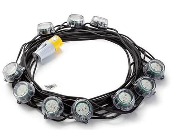 LED CAPSULE FESTOON LIGHT CHAIN. ROUND PLASTIC LED LIGHTS ATTACHED TO CABLE. PRIMARY MATERIAL ABS, LED LIGHTS WITH CLEAR PLASTIC COVER ATTACHED TO CABLE EVERY 2 METERS, CAN BE USED BOTH INSIDE AND OUTSIDE. 10 X 5W LED HEADS, 240V, 22-METER RUBBER CABLE FROM END TO END, BUILT IN MOUNTING POINTS (4MM ROUND HOLES) REMOVES THE NEED FOR CEILING HOOKS OR POLES, FITTED WITH PLUG.