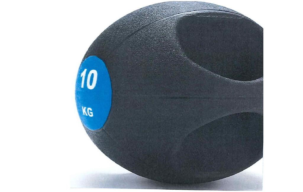 A 10 KG MEDICINEBALL WITH ERGONOMIC HANDLES. MADE OF ANTI-SLIP GYM-GRADE RUBBER. USED FOR WEIGHT TRAINING.