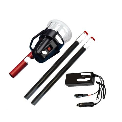 CORDLESS HEAT TEST KIT.
THE KIT IS DESIGNED FOR SETTING OFF HEAT DETECTORS CONTAINING ONE CORDLESS HEAD UNIT, BATTERY BATONS AND FAST CHARGER. 
THE HEAD UNIT IS OF MOULDED PLASTIC INCORPORATING A DIRECT CURRENT (DC) MOTOR, FAN AND HEATING ELEMENT ASSEMBLY WITH MOULDED SILICONE MEMBRANE AROUND THE RIM OF A TRANSPARENT TOP PLASTIC CUP. 
IT IS DESIGNED TO BE PLACED OVER A HEAT DETECTOR TO CHECK IF IT IS WORKING BY GENERATING HEAT. 
THE HEAT IS CREATED BY ENERGISING A HEATING ELEMENT AND AN INTEGRAL FAN WHICH DRAWS IN AIR FROM THE UNDERSIDE TO BLOW OUT HOT AIR INTO THE TRANSPARENT PLASTIC CUP ABOVE, WHERE THE DETECTOR UNDER TEST IS SITED.