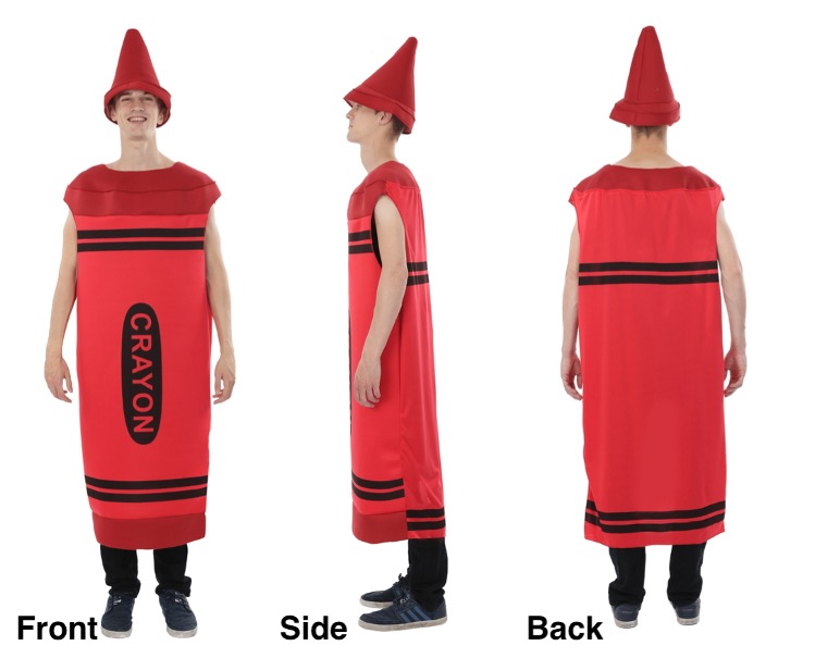 RED CRAYON NOVELTY COSTUME. THIS IS A ONE PIECE SLEEVELESS GARMENT GOING DOWN TO JUST ABOVE THE ANKLES. IT IS RED WITH SOME BLACK LINES AND THE WORD 'CRAYON' ON IT. ADDITIONALLY THERE IS A RED HAT IN THE SHAPE OF A CRAYON TIP. MADE OF 100% KNITTED POLYESTER. CONTAINED IN A HANGING POLYBAG.     
 Material composition is 100% Knitted Polyester. It is presented in a hanging polybag.