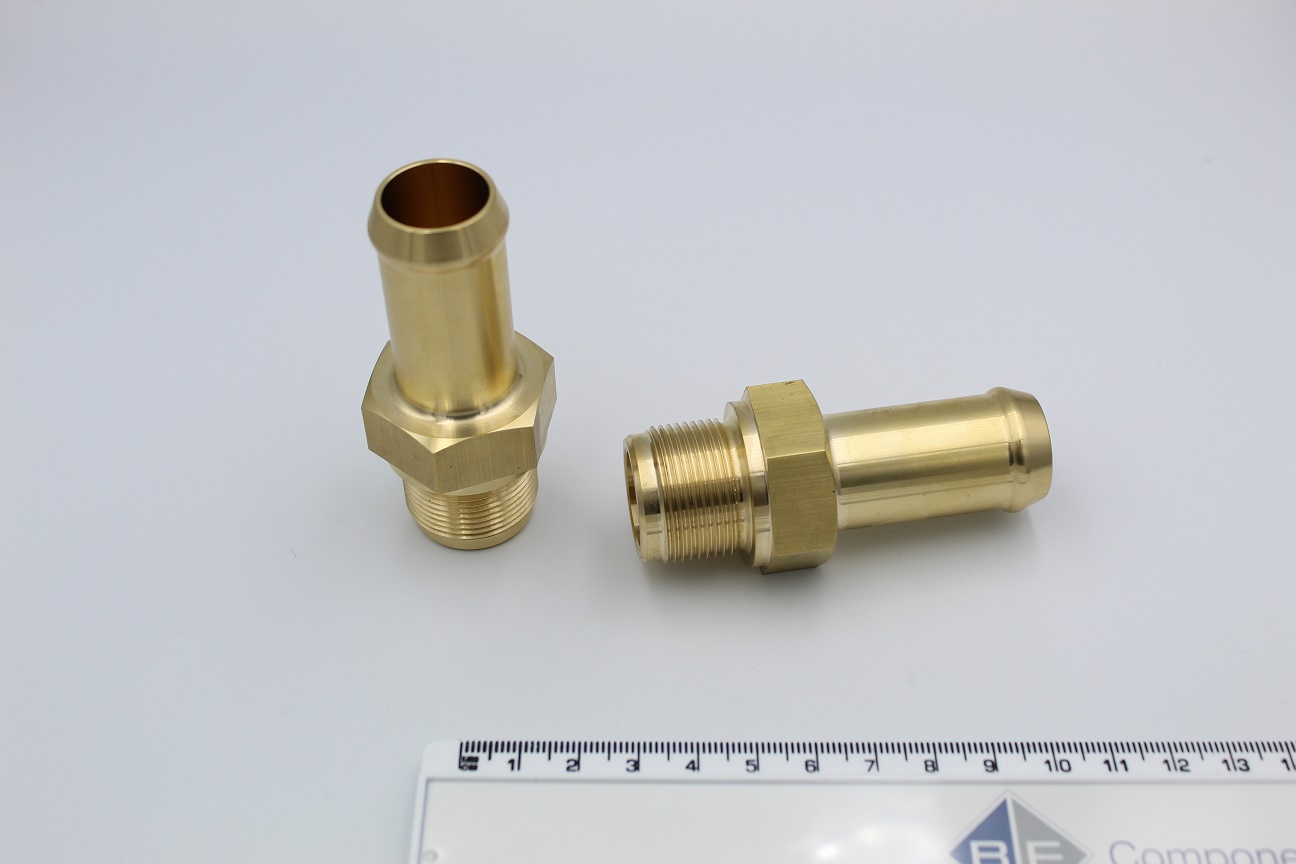 A BRASS TUBE ADAPTOR MANUFACTURED FROM IS319 GRADE-I BRASS AND IS USED IN THE MANUFACTURE OF A SCANIA OIL CENTRIFUGE. THE ADAPTER IS AN ALLOY OF COPPER AND ZINC. IT IS A STRAIGHT ADAPTER WITH A SLEEVE TYPE PIPE FITTING ON ONE END AND THE OTHER END IS THREADED.