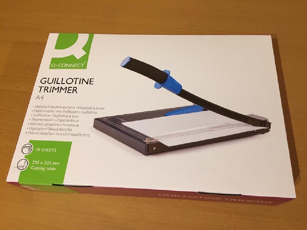 THIS PRODUCT IS AN A4 PAPER GUILLOTINE TRIMMER.  THE GUILLOTINE IS INTENDED FOR CUTTING OF PAPER ONLY, WITH A MAXIMUM CUTTING CAPACITY OF 10 SHEETS OF PAPER.

THE GUILLOTINE CONSISTS OF A BLADE, THAT IS OF STAINLESS STEEL, AND HAS A PROTECTIVE BLACK COATING, TRANSPARENT BLADE-GUARD, HANDLE, PAPER STOP, AND ALL METAL CUTTING TABLE.  THE PRODUCT IS INTENDED TO BE OPERATED ON A FLAT, LEVEL AND STEADY SURFACE.

THE MAXIMUM SIZE OF THE PAPER THAT THIS GUILLOTINE CAN CUT IS A4, AND HAS A CUTTING LENGTH OF 320 MM.  THE CUTTING TABLE OF THIS PRODUCT IS 250 MM WIDTH BY 320 MM LENGTH, AND THE TOTAL DIMENSIONS OF THE WHOLE GUILLOTINE UNIT IS 350 MM WIDTH, 300 MM LENGTH, DEPTH 60 MM, WITH A TOTAL WEIGHT OF 2.20 KGS.