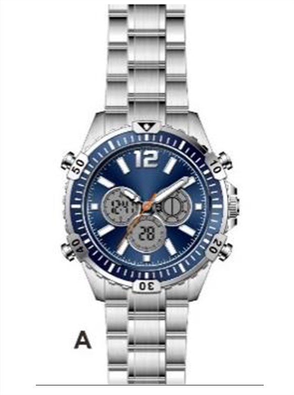A MENS WRISTWATCH WITH BOTH ANALOGUE AND DIGITAL TIMER. THE STRAP IS A METAL LINK BRACELET STYLE WITH REMOVABLE LINKS, AND IS BATTERY OPERATED. THE HANDS POINT TO TWO DASHES ON A BLUE FACE, WHICH REPRESENT THE HOURS. WITH A SECOND HAND IN THE CENTRE OF THE WATCH IS A DIGITAL DISPLAY WHICH SHOWS THE TIME, MONTH, DATE AND YEAR. THE WATCH HAS QUARTZ ANALOGUE MOVEMENT AND ALSO INCLUDES A LCD MOVEMENT. THE LCD MODULE INCLUDES THE FOLLOWING FEATURES: DISPLAYS HOUR, MINUTE, SECONDS, MONTH, DAY AND WEEK, DAILY ALARM, CHIMES HOURLY,12 AND/OR 24-HOUR FORMAT, AUTO CALENDAR, 1/100 SECOND CHRONOGRAPH WITH LAP FUNCTIONS AND BACKLIGHT. WITH FIVE BUTTON FEATURES AROUND THE TEXTURED BEZEL. THE WATCH COMES IN A PRESENTATION BOX TOGETHER WITH INSTRUCTIONS FOR USE.