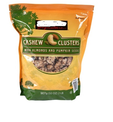 CASHEW NUT CLUSTERS PACK, TO EAT AS A SNACK. MADE FROM CASHEWS (ROASTED)  ALMONDS, PUMPKIN SEEDS  (ROASTED), CANE SUGAR, RICE SYRUP, SEA SALT, HONEY.