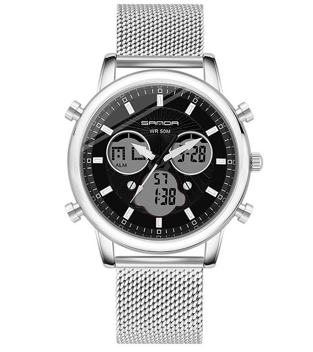 A MENS ANALOGUE AND DIGITAL WRISTWATCH WITH A STAINLESS STEEL MESH STRAP. BATTERY OPERATED. WITH A MECHANICAL DISPLAY WHERE THE HANDS POINT TO TWO DASHES WHICH REPRESENT THE HOURS. WITH A SECOND AND ALSO A  THIRD HAND. IN THE CENTRE OF THE WATCH IS A DIGITAL DISPLAY WHICH ALSO SHOWS THE ALARM, TIME, MONTH AND DATE. THE FACE HAS 3 CIRCULAR DIALS. THE BEZEL HAS 5 OUTER BUTTONS. FEATURES INCLUDE: TIME, CHRONOGRAPH, MONTH, DATE AND YEAR, ALARM, HOURLY CHIME, 12 AND 24 HOURS.