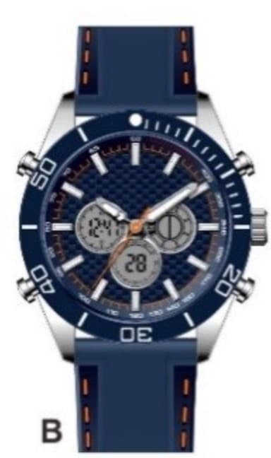 THIS PRODUCT IS A MEN'S SPORTY ANALOGUE DIGITAL DISPLAY WATCH, THAT HAS A BLUE PU STRAP.

THE DIGITAL OPTIONS ON THE WATCH INCLUDE 3 MINI SUB DIALS THAT SUPPORT THE DIGITAL OPTIONS. 

THE LCD MODULE PROVIDE THE FOLLOWING FUNCTIONS:-

A) HOURS, MINUTES, SECONDS, MONTH, DAY, WEEK
B) DAILY ALARM
C) CHIMES HOURLY
D) 12/24 HOUR FORMAT
E) AUTO CALENDAR
F) 1/100 SECOND CHRONOGRAPH AND LAP FUNCTION.

THE BEZEL ON THIS WATCH HAS FIVE FUNCTIONS BUTTONS.