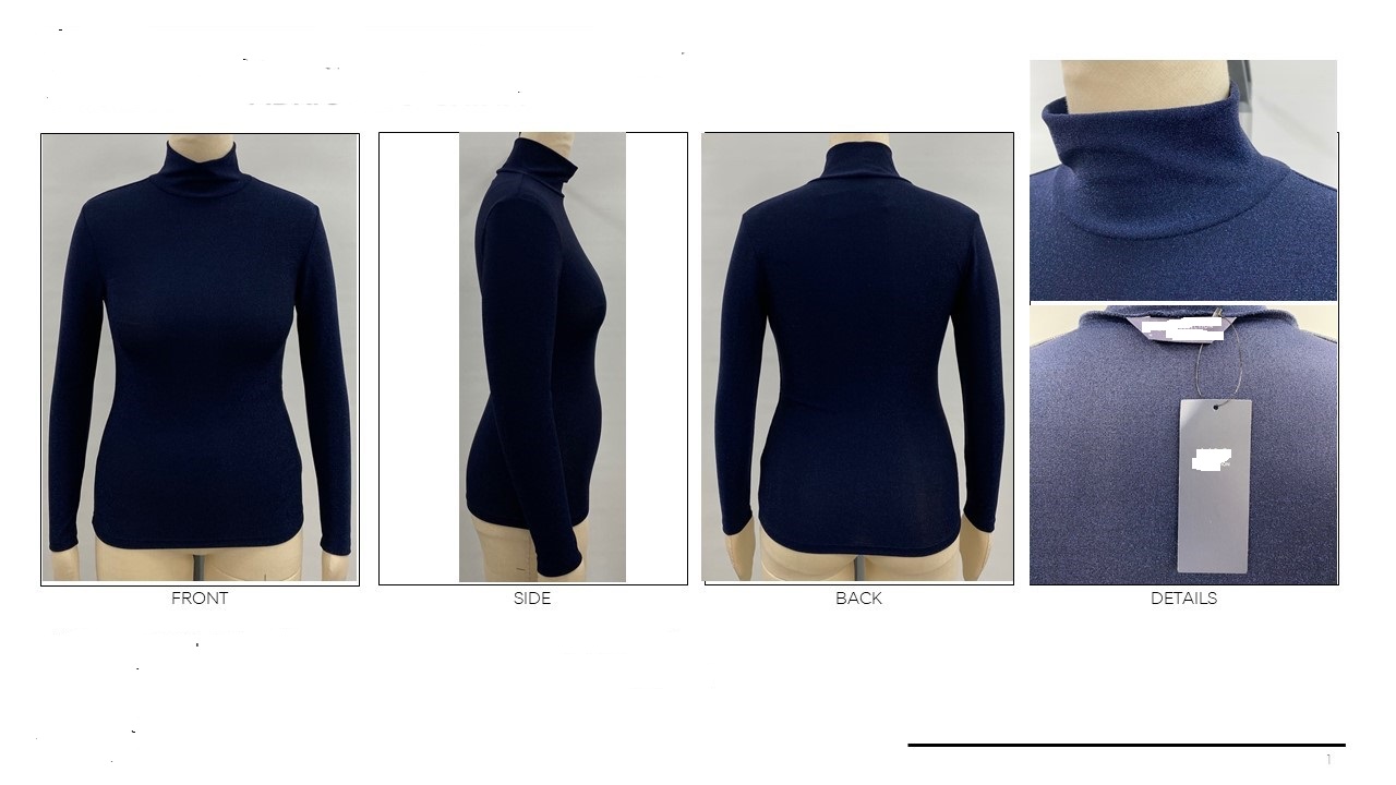 LADIES KNITTED LONG SLEEVED NAVY TOP/SWEATER WITH A POLO NECK AND NO OPENINGS IN THE NECKLINE.
MADE FROM METALISED FABRIC OF NYLON, METALISED FIBRE AND ELASTANE.