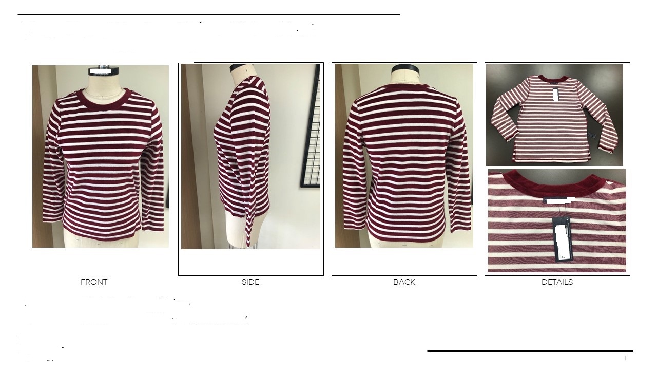 KNITTED LONG SLEEVE VELOUR TOP/SWEATSHIRT OF COTTON AND POLYESTER WITH A CLARET AND WHITE STRIPED DESIGN.
NOT CONSIDERED A TEE SHIRT AS STATED IN THE DESCRIPTION AS THE GARMENT HAS LONG SLEEVES.