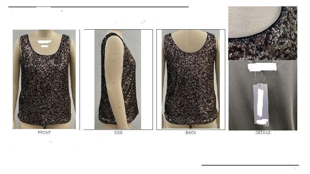LADIES FANCY KNITTED BRONZE SLEEVELESS VEST TOP. MADE FROM POLYESTER COVERED IN SEQUINS WITH A SCOOP NECK. THE SEQUINS ARE STITCHED ONTO THE GROUND FABRIC FACE. THE FABRIC OF GARMENT IS NOT OVER 1.5MM THICK.