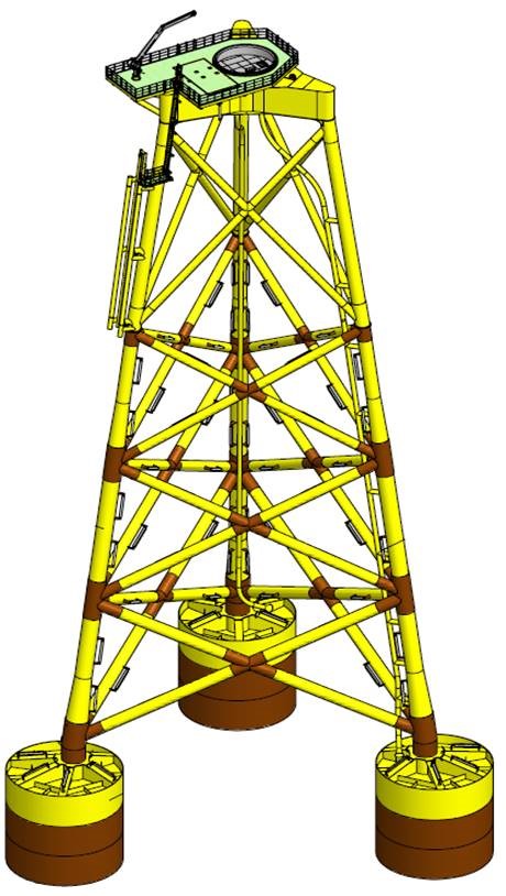 A WTG (WIND TURBINE GENERATOR) STRUCTURE, A SO CALLED JACKET WHICH IS A THREE LEGGED STRUCTURE AND IS MADE OF STEEL AND WILL BE INSTALLED OFF-SHORE. ITS PURPOSE IS TO SUPPORT A WIND TURBINE WHICH WILL CREATE RENEWABLE ENERGY.
HEIGHT 77.5 - 93M
WEIGHT 2000 - 2250MT