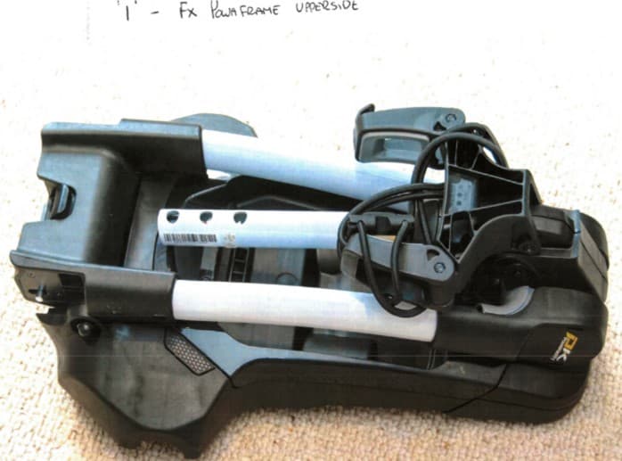 A CHASSIS BASE AND MOTOR HOUSING INCORPORATING PART OF THE FRAME, WHICH INCLUDES CABLES TO HOLD THE GOLF BAG, AND FRONT WHEEL FORK, FOR AN ELECTRIC MOTOR GOLF TROLLEY. THE FRAME IS CONSTRUCTED OF TUBULAR ALUMINIUM AND GLASS-FILLED POLYPROPYLENE AND THE CHASSIS BASE AND MOTOR HOUSING ARE MADE OF PLASTIC. DOES NOT INCLUDE A STEERING MECHANISM (HANDLE), DRIVE TRAIN, POWER SUPPLY (BATTERY), POWER SUPPLY (MOTOR), ELECTRIC POWER CABLES (ELECTRIC CABLES BETWEEN BATTERY AND MOTOR), ELECTRONIC CONTROL BOARD, CONTROL DISPLAY, CONTROLLER SOCKET, GEARBOX, AXLE, CLUTCHES, SIDE WHEELS, OR FRONT WHEEL.  THESE WILL BE ADDED AFTER IMPORTATION AND WILL NOT BE IMPORTED IN THE SAME CONSIGNMENT TO THIS PART.