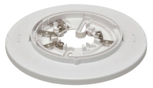 A SIX-INCH-DIAMETER MOUNTING BASE FOR SMOKE OR HEAT DETECTORS. THE PRODUCT COMPRISES A CIRCULAR POLYCARBONATE PLASTIC BASE CONTAINING METAL TERMINALS, FASTENERS & SCREWS. 

THE BASE DOES NOT INCORPORATE AN INTEGRAL SOUNDER OR RECORDING DEVICE.