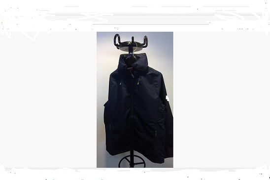 HOODED WATERPROOF LIGHT JACKET.
ROLLED UP HOOD, SIDE ZIPPED POCKETS AND LONG SLEEVES.
OUTER IS A WOVEN NAVY POLYESTER WITH A NYLON MESH LINING.
IT HAS A FRONT ZIPPER WITH A REFLECTIVE DETAIL FOR VISIBILITY AND A ROLLAWAY HOOD WITH TWO-WAY ADJUSTMENT. 
IT HAS FULLY TAPED SEAMS AND ADJUSTABLE CUFFS LINED WITH A POLYURETHANE (PU) MATERIAL AND AN INTERNAL POCKET. 
THERE IS A DRAWSTRING ON THE COLLAR AND A WHITE LOGO ON THE SLEEVE
THERE ARE NO FASTENINGS TO DISTINGUISH IF GARMENT IS DESIGNED FOR MEN THEREFORE IT IS CLASSIFIED AS UNISEX.
THE INNER SURFACE OF THE GARMENT IS SMOOTH AND SHINY AND THERE ARE NO FIBRES VISIBLE TO THE NAKED EYE. 
THE OUTER TEXTILE FRAYS, HOWEVER THE FIBRES CANNOT BE SEPARATED DUE TO THE COATING ON THE BACK.