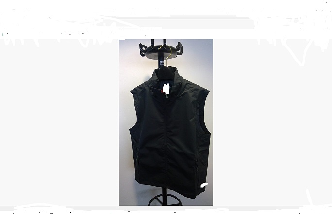 LIGHT GILET FOR ON AND OFF SHORE USE.
THE OUTER OF GILET IS GRAPHITE COLOUR OF WOVEN POLYESTER WITH NYLON MESH LINING.
IT HAS AN ADJUSTABLE DRAWCORD HEM AND A WHITE LOGO BOTTOM FRONT OF GILET.
THERE IS AN INTERNAL ZIP AND CHEST POCKET
THERE ARE NO FASTENINGS TO DISTINGUISH WHETHER THE GARMENT IS DESIGNED FOR MEN AND IS THEREFORE CLASSIFIED AS UNISEX.
THE INNER SURFACE OF THE GARMENT IS SMOOTH AND SHINY AND THERE ARE NO FIBRES VISIBLE TO THE NAKED EYE. 
THE OUTER TEXTILE FRAYS HOWEVER THE FIBRES CANNOT BE SEPARATED DUE TO THE COATING ON THE BACK.