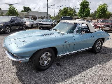 1966 CHEVROLET CORVETTE MOTOR VEHICLE WITH ICE BLUE BODY COLOUR AND DARK BLUE COLOUR INTERIOR. VEHICLE HAS A LEFT HAND DRiVE. IT  HAS 2 DOORS AND 2 SEATS. IT HAS  7002 CC ENGINE. IN ORIGINAL CONDITION. THE VEHICLE WILL NOT BE USED FOR ITS ORIGINAL PURPOSE.  IT WILL BE USED FOR SHOWS AND EVENTS