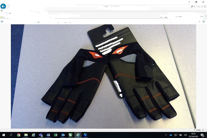 UNISEX LONG FINGERED SAILING GLOVES.
BLACK WITH ORANGE STITCHING ACROSS PALM AND FINGERS, THE OUTER OF GLOVE IS PREDOMINANTLY NYLON.
MADE OF WOVEN NYLON & POLYURETHANE WITH GRIP REINFORCEMENTS ON PALM AND FINGERS OF WOVEN POLYESTER TEXTILE.
STRETCH FABRIC ACROSS THE HAND FOR UV50+ PROTECTION AND REPELLING WATER. 
PRE-SHAPED TO FIT HAND SHAPE WITH VELCRO FASTENING AT WRIST. 
THE PANEL IS NYLON & ELASTANE AND THE CUFFS OF NEOPRENE AND NYLON AND HAS A WHITE LOGO ACROSS IT.
THE TIPS OF THUMB AND INDEX FINGER ON GLOVE IS OPEN AND NOT SEALED.
THE MAIN TEXTILE OF THE PALM, FRONT OF FINGERS AND IN- BETWEEN FINGERS IS WOVEN AND NYLON.