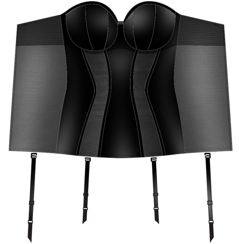 BASQUE UNDERGARMENT
KNITTED STRAPLESS BASQUE WITH UNDERWIRED CUPS TO PROVIDE SUPPORT, COMPLETE WITH A SUPPORTIVE SIDE SLING AND A MEDIUM SUPPORT BODY. 
THE BASQUE HAS A SUPPORTIVE 3-ROW HOOK AND CLASP, DETACHABLE SUSPENDERS AND TWO REMOVABLE STRAPS.
THIS PRODUCT HAS A COMPOSITION OF POLYAMIDE, ELASTANE AND POLYESTER.