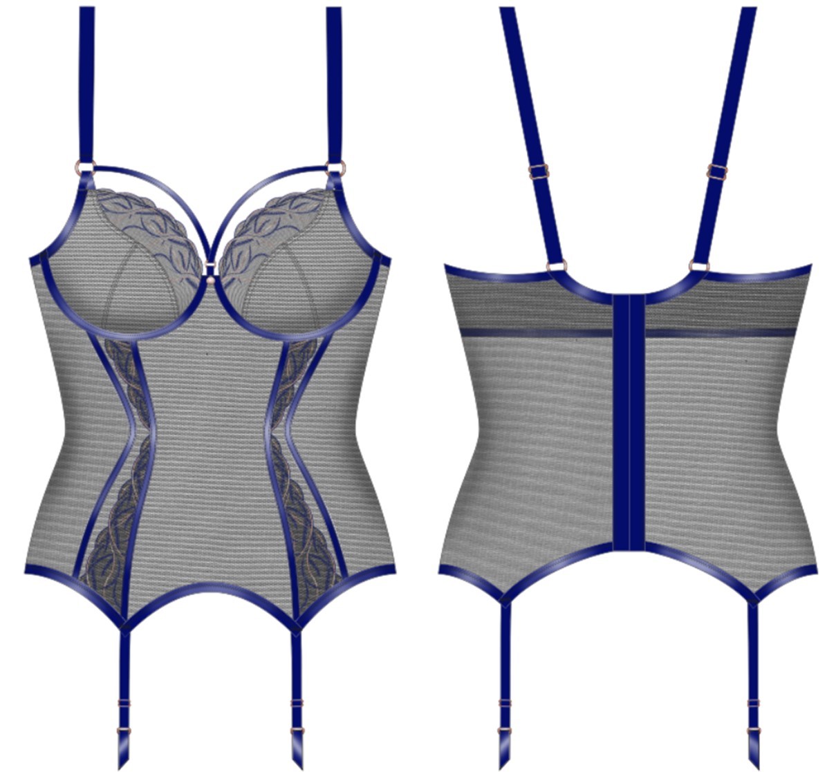 BASQUE UNDERGARMENT
THE PRODUCT IS A KNITTED SEMI-SHEER BASQUE COMPOSED OF A BUILT-IN PLUNGE BRA WITH OVERBUST STRAPPING AND SUPPORTIVE UNDERWIRED CUPS. 
IT HAS A 3-ROW HOOK AND CLASP, SUSPENDERS, AND 2 FULLY ADJUSTABLE NON-SLIP STRAPS. 
IT IS DECORATED WITH EMBROIDERY ENTWINED WITH METALLIC YARN AND FINISHED WITH DECORATIVE HARDWARE (EXCLUDES TRIMMINGS)
THIS PRODUCT HAS A COMPOSITION OF POLYESTER, POLYAMIDE AND ELASTANE.