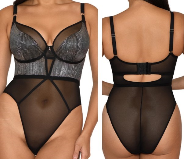 BODY UNDERGARMENT
A KNITTED PLUNGE BODY UNDERGARMENT WITH A BUILT-IN UNDERWIRED BRA FOR BREAST SUPPORT.
THE BODY IS EQUIPPED WITH 2 STRAPS, DETACHABLE SUSPENDERS, HIGH LEG STYLING AND A 3-ROW HOOK AND CLASP. 
IT IS DECORATED WITH PINSTRIPE SPARKLE MESH AND FINISHED WITH A DECORATIVE LIGHTNING BOLT CHARM DETAIL ON THE CENTRE FRONT.
THE BODY OF THIS PRODUCT HAS A COMPOSITION OF POLYAMIDE, POLYESTER, ELASTANE AND METAL FIBRE (EXCLUDES TRIMMINGS) THE GUSSET IS MADE OF COTTON