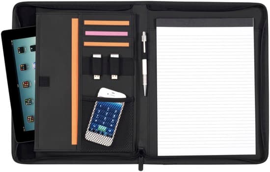 A BLACK TABLET FOLIO 
THIS IS A ZIPPED TABLET AND NOTEBOOK CASE WHICH OPENS UP TO HOLD A A4 RECYCLED 20 PAGE NOTE PAD.
ONCE OPENED IT HAS 2 USB HOLDERS, CREDIT CARD COMPARTMENTS, A MESH POCKET FOR PHONE AND A POCKET WITH A VELCRO STRAP DESIGNED TO HOLD A TABLET ON THE LEFT-HAND SIDE OF THE CASE,  IT ALSO HAS A PEN HOLDER IN THE MIDDLE OF THE CASE.
IT IS MADE FROM PU FABRIC. DIMENSIONS: HEIGHT 35 X WIDTH 27 X DEPTH 2CM