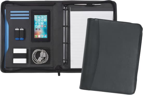 A BLACK WRITING CASE.
THIS IS A -ZIPPED NOTEBOOK CASE WHICH OPENS UP TO HOLD A A4 RECYCLED 20 PAGE NOTE PAD, WITH A PEN LOOP AT THE TOP. 
THE CASE HAS A 4 RING BINDER WITH 25MM O RINGS TO HOLD ADDITIONAL PAPERWORK ONCE OPENED IT HAS A USB HOLDER AND CREDIT CARD COMPARTMENTS, A NETTED POCKET FOR STORAGE AND A CLEAR PHONE COMPARTMENT  ON THE LEFT HAND SIDE OF THE CASE. 
IT IS MADE FROM  PU FABRIC . HEIGHT 35X WIDTH 27 X DEPTH 4.5CM