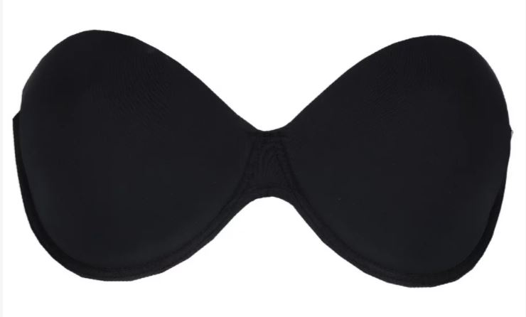 STRAPLESS AND BACKLESS BRA. THE SEAMLESS MOULDED CUPS ARE MADE FROM 82% POLYAMIDE AND 18% ELASTANE. THE SIDES OF THE BRA ARE MADE FROM 100% ADHESIVE SILICONE WHICH ARE CLEAR. THE BRA STICKS TO THE BODY WITH THE ADHESIVE SILICONE ALLOWING YOU TO WEAR BACKLESS OR STRAPLESS CLOTHES.  THE BRA IS BLACK IN COLOUR.