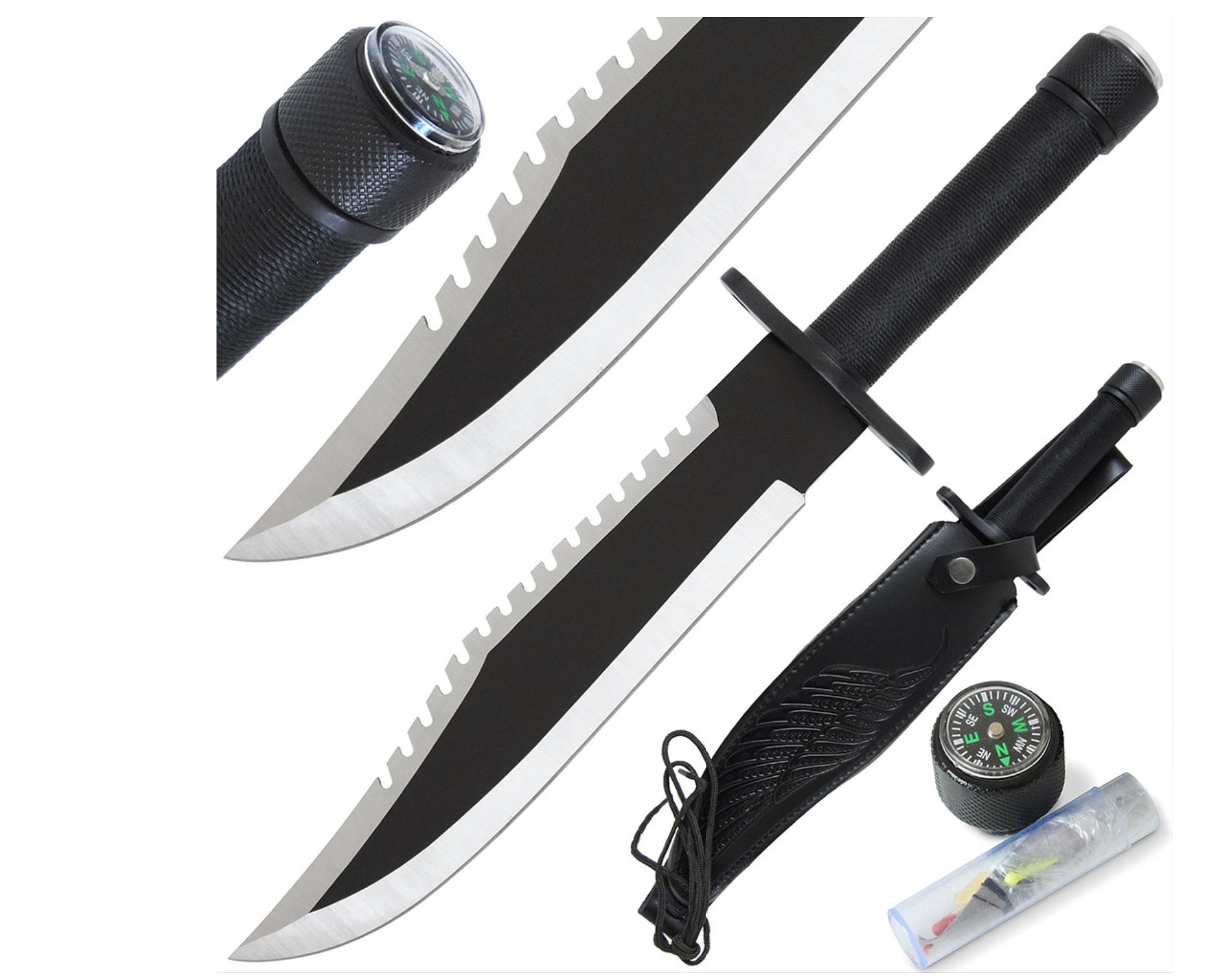 THIS PRODUCT IS A MOVIE STYLE KNIFE.

THIS RAMBO STYLE KNIFE COMES WITH A LEATHERETTE SHEATH AND A GRIP KIT.  THE GRIP KIT INCLUDES A COMPASS, FISHING HOOK, FISHING LINE, MATCHES AND SOME FAKE BAIT. THE KNIFE IS MADE FROM STEEL WITH A PLASTIC AND RUBBER HANDLE.