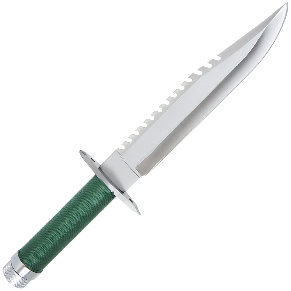 THIS ITEM IS A MOVIE STYLE KNIFE.
THIS KNIFE COMES WITH A LEATHERETTE CASE, AND A GRIP KIT, THE GRIP KIT INCLUDES A COMPASS, FISHING HOOK, FISHING LINE, MATCHES AND SOME FAKE BAIT. 
THE KNIFE IS MADE FROM STEEL.