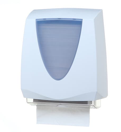 PAPER ROLLER TOWEL CABINET FOR USE IN WASHROOMS. IT IS MADE FROM A MIX  OF PLASTIC ACRYLONITRILE BUTADIENE STYRENE (ABS) PARTS AND METAL (STEEL) PARTS. WHEN THE USER PULLS ON THE PAPER IT STARTS THE MECHANISM. THE PAPER IS MOVED THROUGH THE DISPENSER MECHANICALLY USING GEARS AND ROLLERS. THESE UNITS ARE A PERMANENT INSTALLATION ON A WASHROOM WALL.
