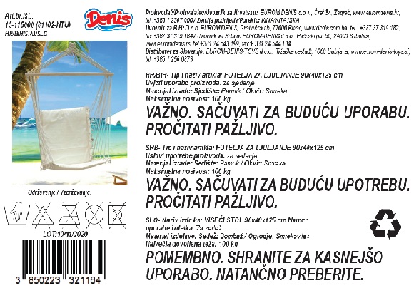 Viseća stolica namijenjena za sjedenje. Sastoji se od tapeciranog naslona i oblikovanog sjedala od  tekstilnog materijala, dimenzija 90x40x125. Proizvod je opremljen konopima, drvenom šipkom i metalnim prstenom za pričvršćivanje na čvrsti nosač.
Proizvod podnosi maksimalno opterećenje do 100 kg. Isporučuje se pakiran u kartonsku kutiju.