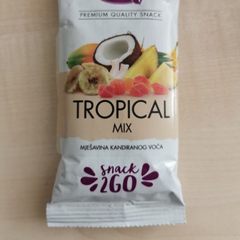 Mješavina ananasa,  papaje, banana čipsa i kokos listića u pakiranju, vrećici od 70g. 
Sastojci: kandirana ananas kocka suha  30%, kandirana papaja suha kocka 30%, banana čips 25%, kokos listići suhi 15%,
Koristi se kao snack proizvod.