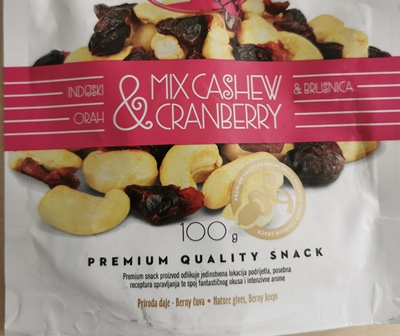 Mješavina brusnice i indijskog oraha u pakiranju, vrećici od 100g.
Sastojci: suha brusnica 60%, indijski orah sirovi 40%,
Koristi se kao snack proizvod.