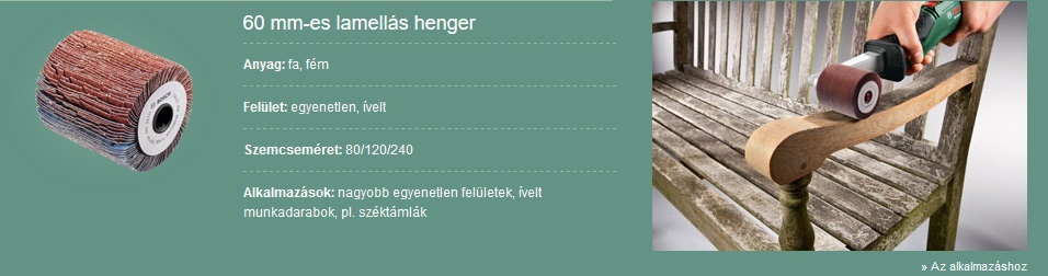 A benyújtott műszaki rajz alapján a termék kéziszerszámhoz használatos, 60 mm-es lamellás csiszoló henger 80/120/240 szemcsemérettel.
Nagyobb egyenetlen felületek, ívelt munkadarabok, pl.: széktámlák csiszolására használatos.
A rendelkezésre bocsátott dokumentumok alapján a termék fából, fémből, műanyagból, ragasztóból, papírból, csiszoló porból és vászon szövetből felépülő.  A terméket alkotó lamellák anyaga textilszövet, melyen alumínium oxid csiszoló anyag szemcsék találhatók.
A termék csiszolóanyag por alakban, textil anyagra erősítve.