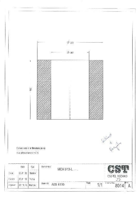 A kovácsolt és nagyoló forgácsolt, előmunkált (félkész) acél műszaki jellemzői: külső átmérője 529,0 mm, hossza 482,0 mm, a benne található furat átmérője (belső átmérő) 307,0 mm. Tömeg: cca. 570 kg.
A termék testek, burkolatok, függesztő és egyéb alkatrészek gyártásához kerül felhasználásra.
A termék alapanyag: AISI 4130 (ASTM A 322) minőségű ötvözött acél. Az alapanyag vegyi összetétele: szén (0,28-0,33%), mangán (0,40-0,60%), foszfor (0,00-0,035%), kén (0,00-0,040%), szilícium (0,15-0,35%), króm (0,80-1,10%), nikkel (0,0%), molibdén (0,15-0,25%). A termék megmunkálása: szabadalakító kovácsolás és nagyoló forgácsolás. A nagyoló forgácsolás célja, hogy a kovácsolás során keletkező hibákat feltárja.