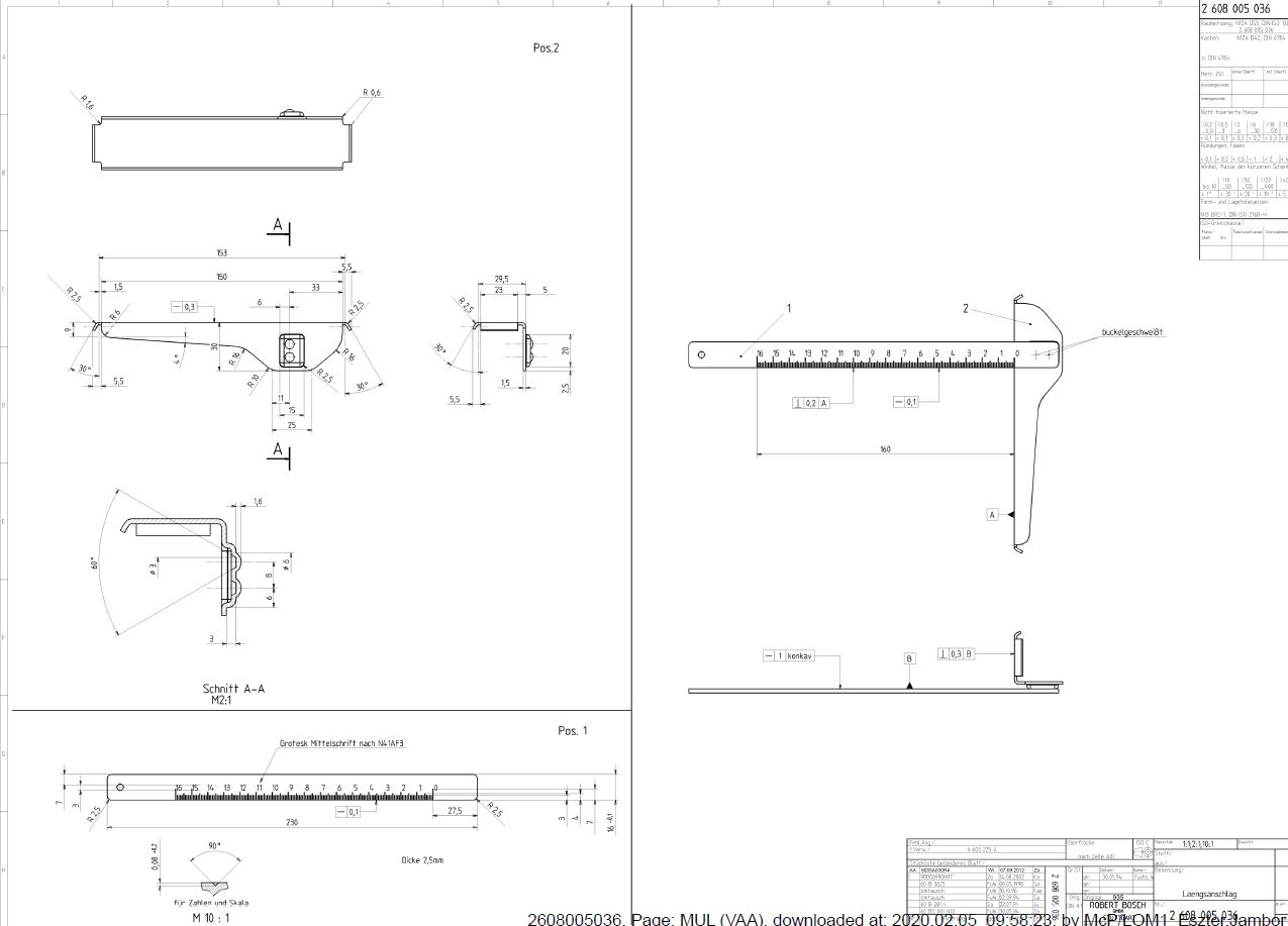 A termék ún. párhuzamos ütköző vagy  párhuzamvezető, mely nem rozsdamentes acélból készült. Formája „L” alakú, a termék egyik szára 230,0 mm hosszú és 16,0 mm széles, felszínén a végétől 27,5 mm-re 16 cm-es beosztás (metrikus mérőskála: 0-16 cm) található. A termék másik szára 153,0 mm hosszú, derékszögben meghajlított, oldalai 20,0 mm és 29,0 mm szélesek. A termék a kézi körfűrész fém talpára rögzíthető oldható csavarkötéssel (műanyag fejű szárnyas anyával).
A termék feladata a kéziszerszámgép (körfűrész) használat közbeni pozicionálása, így elősegíti a levágandó anyagnál a párhuzamosság és a méret tartását. A kéziszerszám elektronikus és mechanikus működése nem függ a párhuzamvezetőtől, ezért nem osztályozható alkatrésznek.