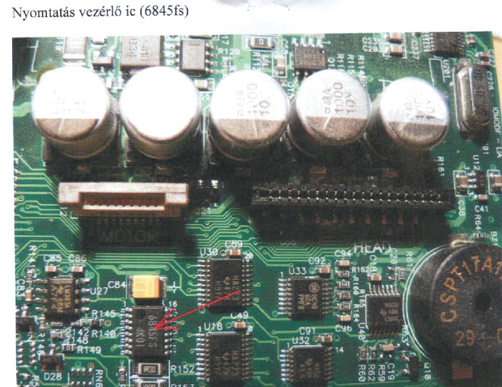 Nyomtató vezérlő integrált elektronikus áramkör, beépítésre szerelve Verifon márkájú bankkártyaleolvasó berendezéshez.