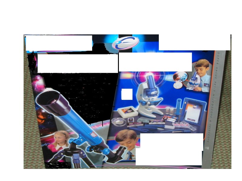 DELUXE MICROSCOPE AND TELESCOPE - BATTERY OPERATED.
30mm ASTRONOMICAL TELESCOPE WITH TRIPOD.  20/30/40 POWER (POWER REFERS TO THE ABILITY OF A TELESCOPE TO ENLARGE AN IMAGE).
100X, 600X, 1200X MICROSCOPE WITH 61 PIECE ACCESSORIES. IT REQUIRES 2 X AA(LR6) BATTERIES.