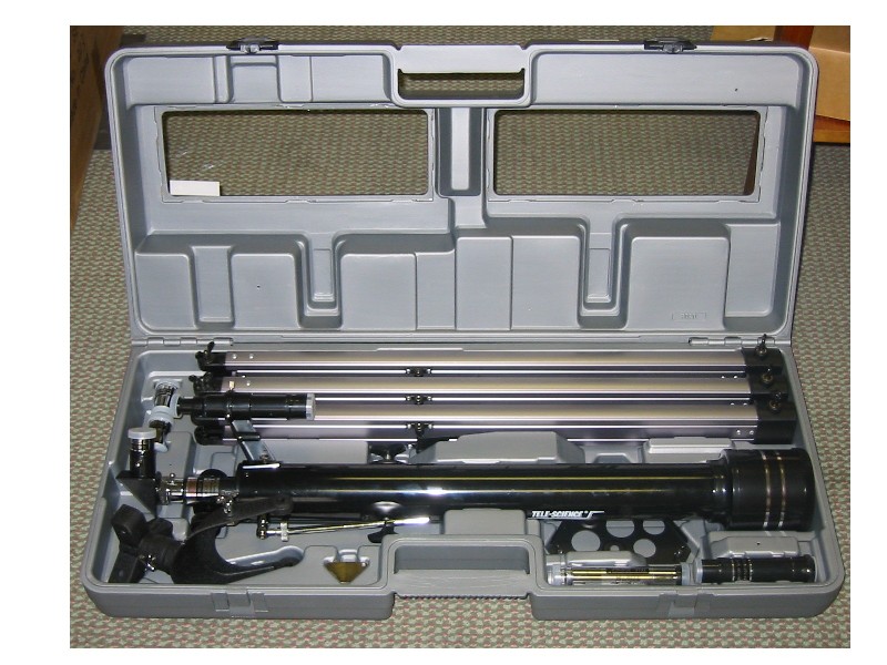 60MM TELESCOPE WITH TRIPOD.  175 POWER (POWER REFERS TO THE ABILITY OF A TELESCOPE TO ENLARGE AN IMAGE). THE TELESCOPE HAS AN ALUMINIUM BODY. IT IS STORED IN A PLASTIC CARRY CASE.