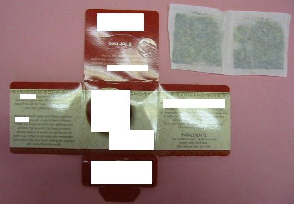 A BLEND OF BLACK TEA CONTAINING ASSAM AND AFRICAN TEAS, CINNAMON BARK, CARDAMOM SEED, GINGER ROOT, CLOVE BUD AND BLACK PEPPER SEED. THE PRODUCT IS PUT UP IN FILTER BAGS AND IS PACKAGED IN BOXES OF 20.