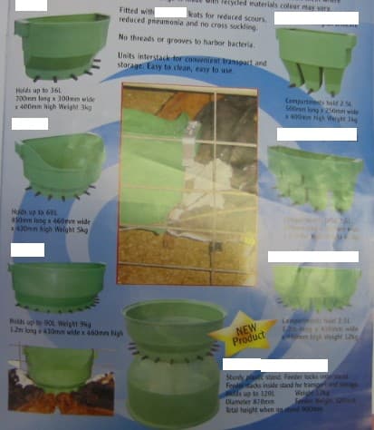 A CALF MILK FEEDER, COMPOSED OF 100% POLYETHYLENE, IN VARIOUS SHAPES AND SIZES, FITTED WITH NATURAL RUBBER TEATS FOR FEEDING, THE TEATS ARE DESIGNED TO SIMULATE THE SLOW, NATURAL SUCKLING ACTION THAT A CALF NEEDS FOR CORRECT DIGESTION, WITH AN INVERTED TIP WHICH PREVENTS IRRITATIONS IN THE CALF'S MOUTH, THE TEATS HAVE NO THREADS OR VALVES WHICH CAN HARBOR BACTERIA.  THE FEEDERS RANGE IN SIZE FROM SINGLE TEAT FEEDERS TO A TWENTY TEAT FEEDER, THEY HAVE A METAL HOOK LOCKING SYSTEM WHICH HOLDS THE FEEDER IN PLACE.