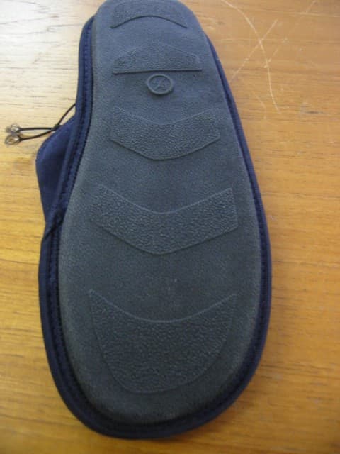 MEN’S INDOOR SLIPPERS, WITH UPPERS OF TEXTILE MATERIAL WHICH ENCLOSE THE FRONT OF THE FOOT BUT EXPOSE THE HEEL. THE OUTER SOLE, WHICH IS THE MATERIAL WITH THE GREATEST SURFACE AREA IN CONTACT WITH THE GROUND IS PLASTIC. THE SLIPPERS ARE NAVY IN COLOUR, WITH BLUE STITCHING HORIZONTALLY DOWN THE UPPER OF THE SLIPPER.