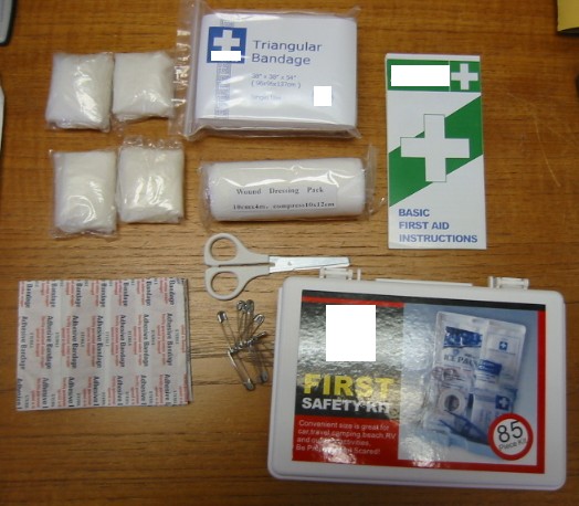 FIRST AID SAFETY KIT WHICH COMPRISES A PLASTIC BOX MEASURING APPROX. 18CM X 12CM X 5.5CM WITH A SNAP CLOSE LID. A SAMPLE OF CONTENTS OF THE KIT INCLUDES:
A LEAFLET WITH BASIC FIRST AID INSTRUCTIONS
TRIANGULAR BANDAGES
ADHESIVE PLASTERS
WOUND DRESSING BANDAGES
DISPOSAL GLOVES
SCISSORS
SAFETY PINS ETC.