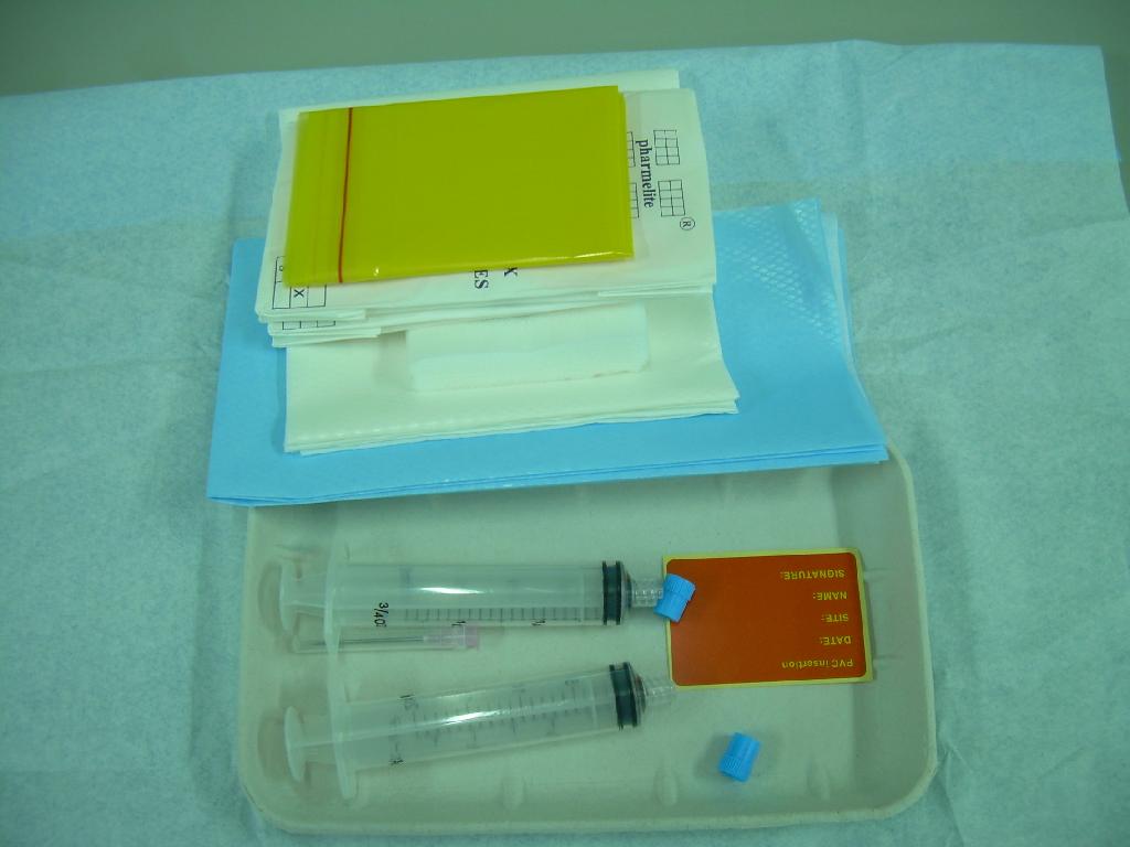 STERILE DIALYSIS ON/OFF PACK CONTAINING 2 PACKS WITHIN THE ONE PACK
ON PACK DECLARED BY THE APPLICANT TO CONTAIN THE FOLLOWING ITEMS: 
1 PC YELLOW BAG OF SIZE 29.5 CM X(40+4)CM,  
2 PAIRS POWDER FREE LATEX GLOVE, WALLETED (SIZE M), 
10 PCS NON WOVEN SWAB OF SIZE 7.5 CM X 7.5 CM - 4PLY, 
1 PC WHITE POLY/TISSUE LAMINATED FIELD OF SIZE 60 CM X 60 CM,
2 PCS BLUE POLY/TISSUE LAMINATED FIELD OF SIZE 45 CM X 45 CM, ONE AS OUTER WRAP, 
2 PCS SYRINGE 20 ML WITH IMPORVED QUALITY, 
2 PCS SYRINGE 5 ML WITH IMPORVED QUALITY,
1 PC SMALL NEEDLE, 
1 PC BIG NEEDLE
1 PC RED COLOUR PATIENT LABEL OF SIZE 6.5 CM X 4.3 CM, 
1 PC NON WOVEN TAPE OF SIZE 3.2 CM  X 20 CM, 
1 PC PULP TRAY OF SIZE 18.3 CM X 13.5 CM X 2.2 CM PACKED IN A PE/PAPER POUCH WITH A STICKER LABEL.
OFF PACK DECLARED BY THE APPLICANT TO CONTAIN THE FOLLOWING ITEMS: 
1 PC YELLOW BAG OF SIZE 29.5 CM X (40+4) CM,
2 PAIRS POWDER FREE LATEX GLOVE, WALLETED (SIZE M, 
10 PCS NON WOVEN SWAB OF SIZE 7.5 CM X 7.5 CM - 4PLY, 
1 PC WHITE POLY/TISSUE LAMINATED FIELD OF SIZE 60 CM X 60 CM, 
2 PCS BLUE POLY/TISSUE LAMINATED FIELD OF SIZE 45 CM X 45 CM, ONE AS OUTER WRAP, 
2 PCS SYRINGE 20 ML WITH IMPROVED QUALITY,
1 PC BIG NEEDLE, 
1 PC RED COLOUR PATIENT LABEL OF SIZE 6.5 CM X 4.3 CM, 
2 PCS BLUE COLOUR CAPPING DEVICE, 
1 PC PULP TRAY OF SIZE 18.3 CM X 13.5 CM X 2.2 CM PACKED IN A PE/PAPER POUCH WITH A STICKER LABEL