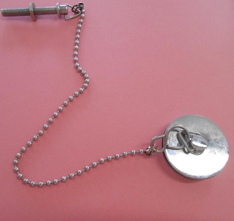 A CHROME PLUG AND CHAIN SET.  IT IS USED IN SINKS, BASINS OR BATHS.  AVAILABLE IN TWO SIZES 1.25 INCH AND 1.5 INCH.   ONCE INSERTED INTO THE SINK, THE WATER IS RESTRICTED FROM FLOWING DOWN THE WASTE WATER DRAIN.  THE PIECE CONSISTS OF A BRASS CHROME PLATED PLUG AND A STAINLESS STEEL CHAIN WITH A BOLT AND WASHER TO CONNECT TO THE SINK.  THE CHAIN IS CONNECTED TO THE PLUG BY AN “S” CLIP