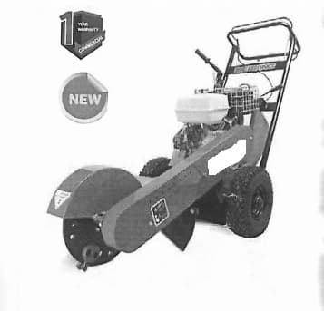A PETROL- POWERED STUMP GRINDER THAT ROTATES A CIRCULAR TOOTHED BLADE VERTICAL TO THE GROUND.
ITS SOLE PURPOSE IS TO REMOVE TREE STUMPS FROM THE GROUND. IT CUTS THE STUMP DOWN TO A LEVEL THAT IS BELOW THE GROUND SURFACE.