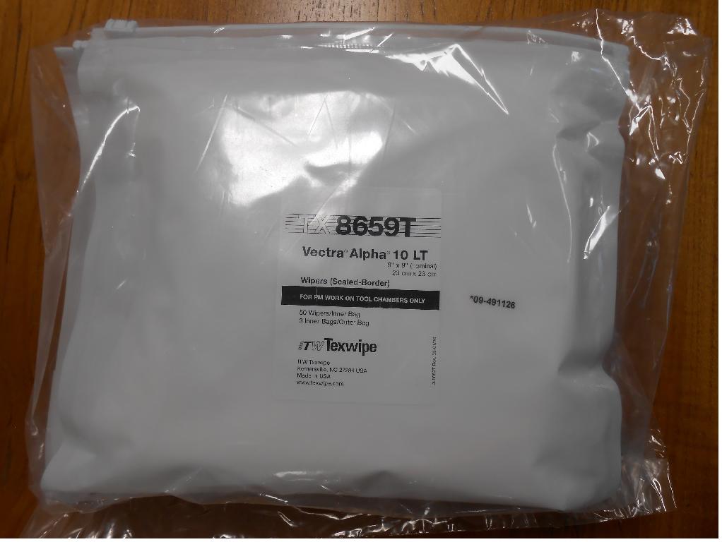 ITW TEXWIPE PART NUMBER TX8659T-DOUBLE KNITTED POLYESTER WIPES- 9X9 (23CM X 23CM).WASHED AND CUT USING A VERTEX HOT METAL SEAL BUT NOT FURTHER PROCESSED AFTER CUTTING FOR SPECIALISED USE IN A CLEAN ROOM ENVIRONMENTS