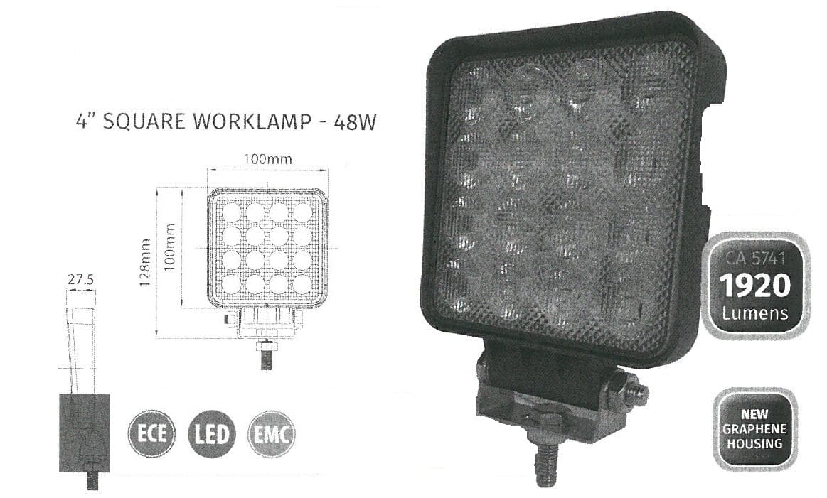 A WORK LAMP FOR USE ON VARIOUS TYPES OF VEHICLES AND MACHINERY INCLUDING, BUT NOT LIMITED TO AGRICULTURAL VEHICLES, COMMERCIAL VEHICLES AND TRAILERS, CONSTRUCTION MACHINERY, AUTOMOTIVE VEHICLES AND TRAILERS.  IT HAS A VOLTAGE BETWEEN 12V-24V.  IT CONSISTS OF 16 SMD LED BULBS GIVING A WATTAGE RATE OF 48W. THE HOUSING IS MADE FROM AN ACRYLONITRILE BUTADIENE STYRENE WITH A SINGLE THIN LAYER OF GRAPHITE WITH A STEEL BRACKET.  THE ENTIRE UNIT MEASURES 110M WIDE BY 28M THICK.  THE LAMP IS POWERED BY THE BATTERY OF THE VEHICLE IT IS FITTED TO.  THE LAMP IS CONTROLLED BY THE VEHICLE DASHBOARD CONTROL PANEL.