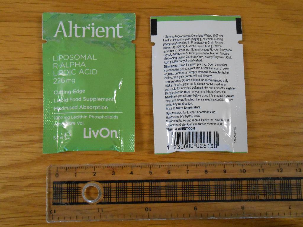 ALTRIENT LIPOSOMAL R-ALPHA LIPOIC ACID 226MG

THESE PRODUCTS ARE ORAL SACHETS OF LIQUID FOOD SUPPLEMENTS.
THEY ARE MIXED WITH WATER AND CONSUMED.
 
THE INGREDIENTS CONSIST OF PURIFIED WATER, LECITHIN PHOSPHOLIPIDS, ETHANOL PRESERVATIVE, XANTHAN THICKNER, R-ALPHA LIPOIC ACID.